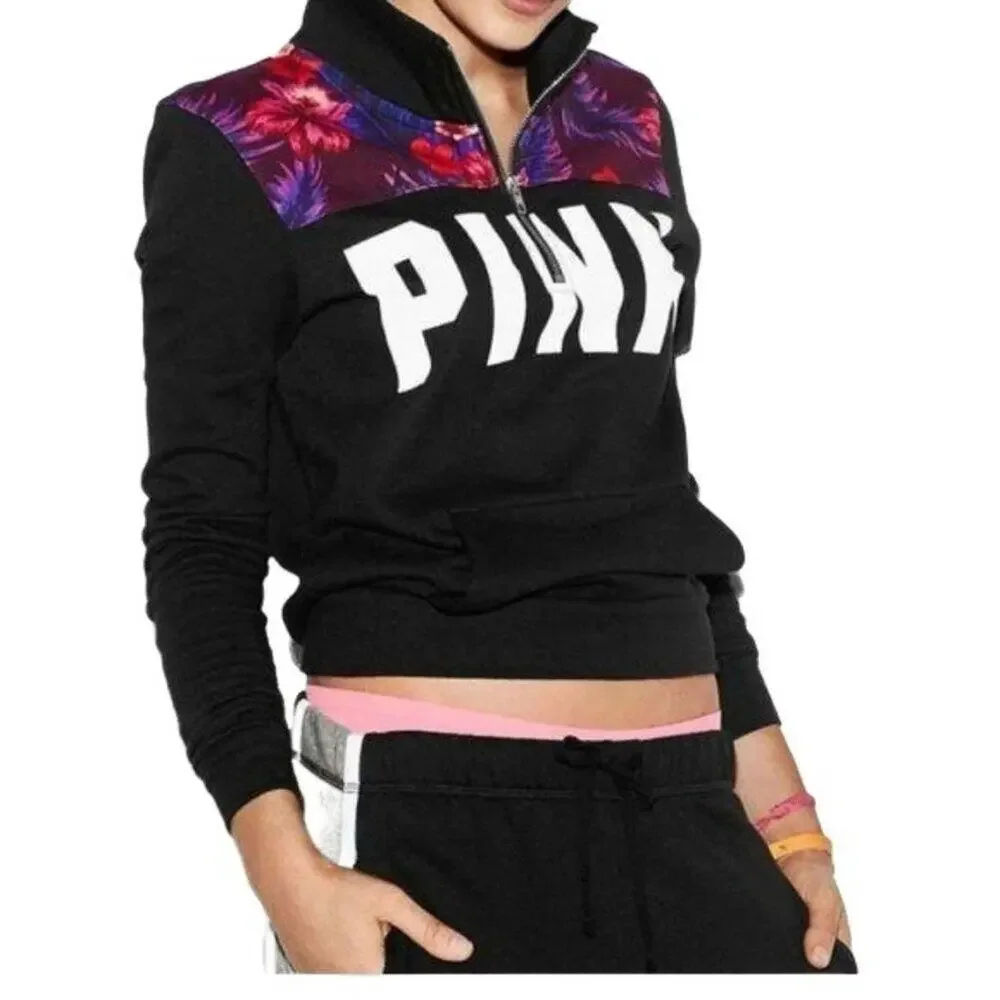 PINK Victoria's Secret Black Tropical Pullover 1/4 Zip Womens Size Small